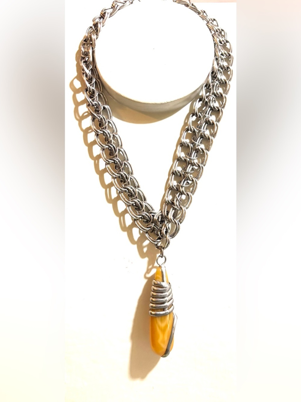 Handmade agate Statement Silver-Tone Chain Necklace with Amber-Colored Pendant